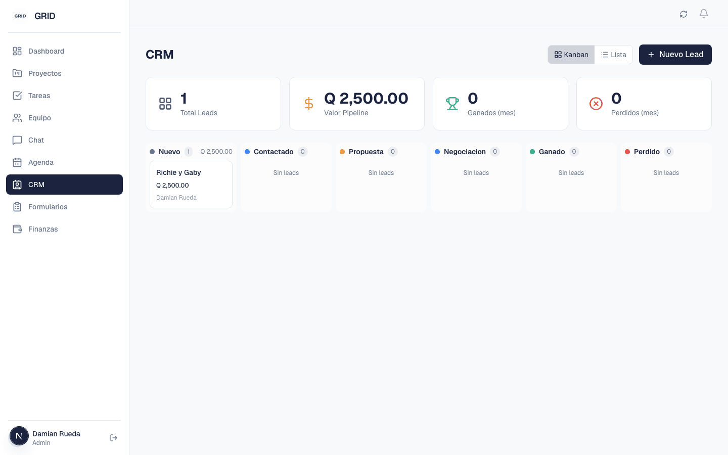 CRM de la plataforma GRID con pipeline y montos